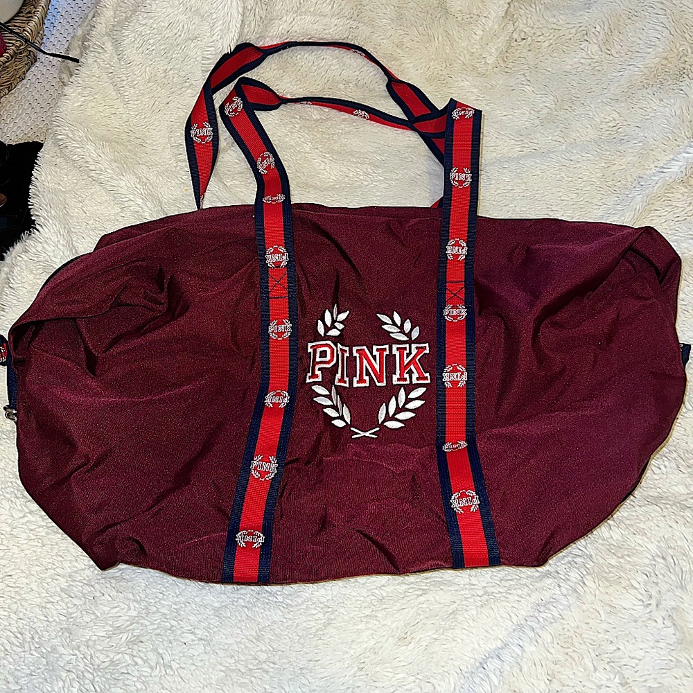 Victoria Secret PINK Burgundy Logo Gym Bag Duffle Tote  Shoulder Bag